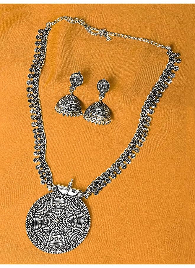 YELLOW CHIMES - German Silver Oxidized Traditional Latest Fashion Pendant Necklace With Earrings Jewelery Set For Women And Girls Charm Pendant 3 - Image 1
