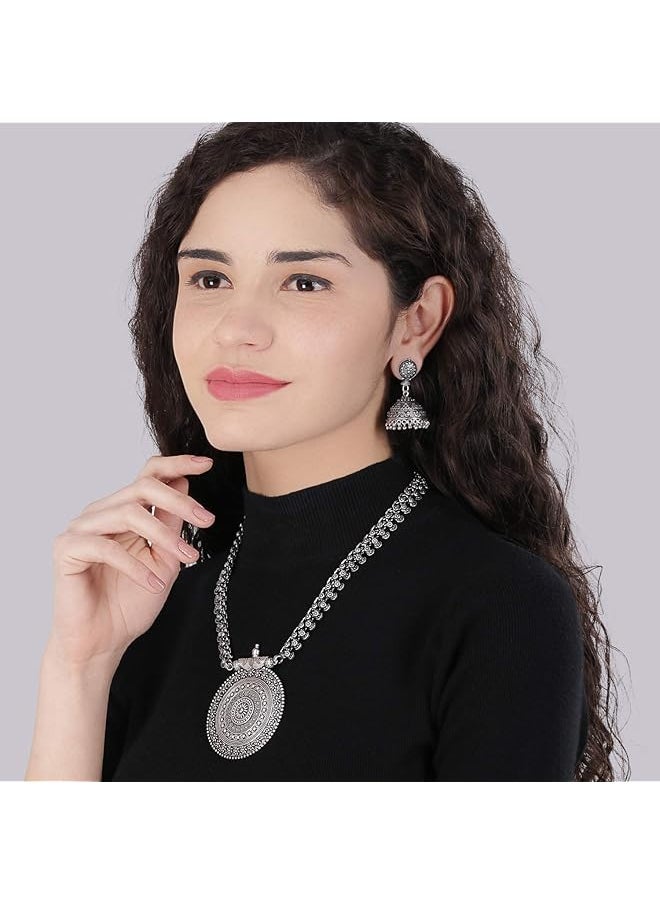 YELLOW CHIMES - German Silver Oxidized Traditional Latest Fashion Pendant Necklace With Earrings Jewelery Set For Women And Girls Charm Pendant 3 - Image 1