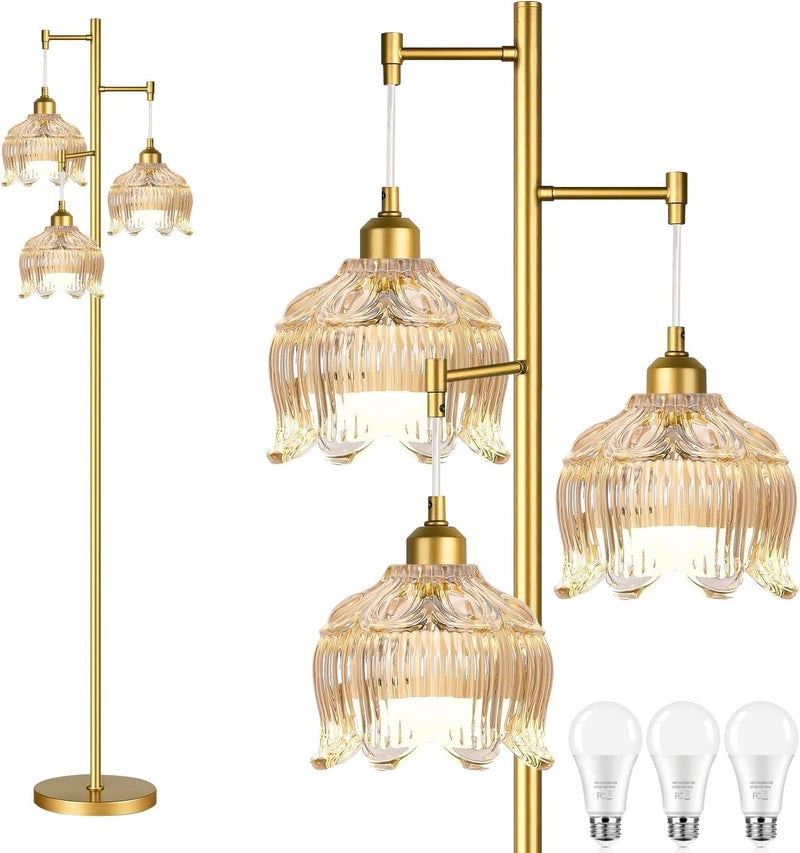 ILLMTW Gold Floor Lamp for Living Room,Bedroom,Mid Century Modern Standing Lamp Brass Tree 3 Light Tall Floor Lamps Vintage Retro Floor Lights Glass Amber Flower Lamp Shade Farmhouse Boho Bohemian - Image 1