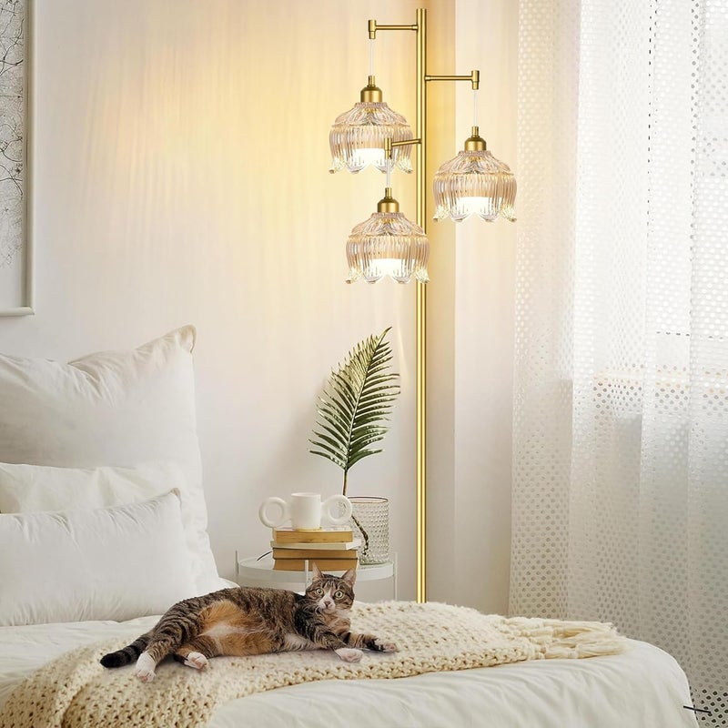 ILLMTW Gold Floor Lamp for Living Room,Bedroom,Mid Century Modern Standing Lamp Brass Tree 3 Light Tall Floor Lamps Vintage Retro Floor Lights Glass Amber Flower Lamp Shade Farmhouse Boho Bohemian - Image 2