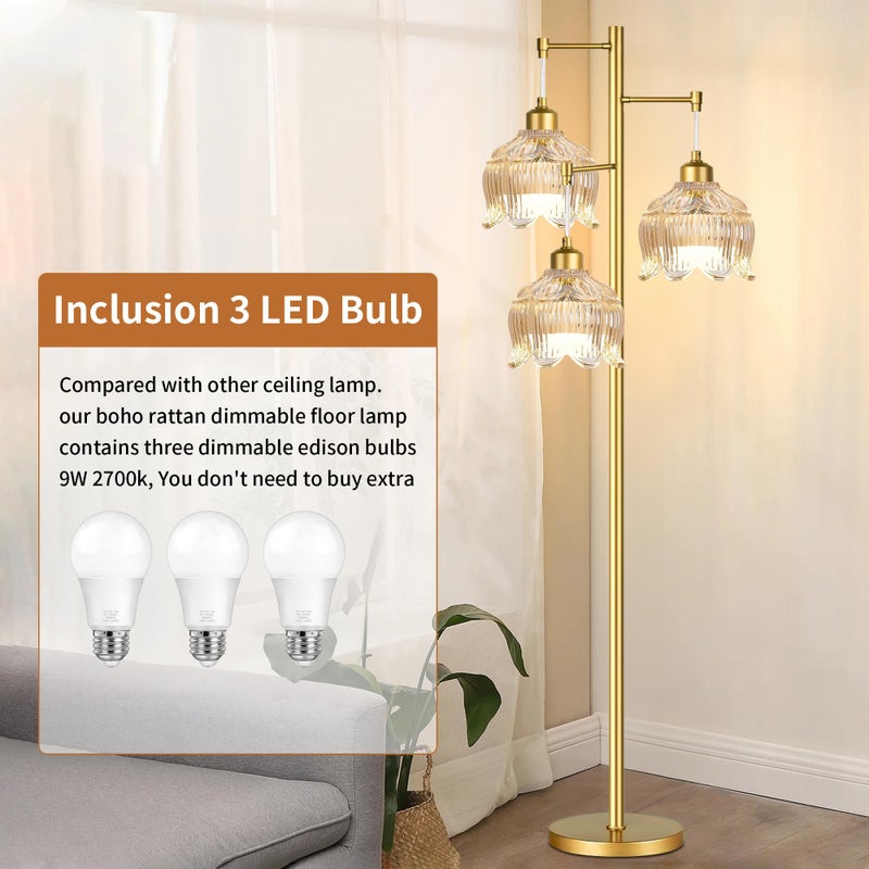 ILLMTW Gold Floor Lamp for Living Room,Bedroom,Mid Century Modern Standing Lamp Brass Tree 3 Light Tall Floor Lamps Vintage Retro Floor Lights Glass Amber Flower Lamp Shade Farmhouse Boho Bohemian - Image 4