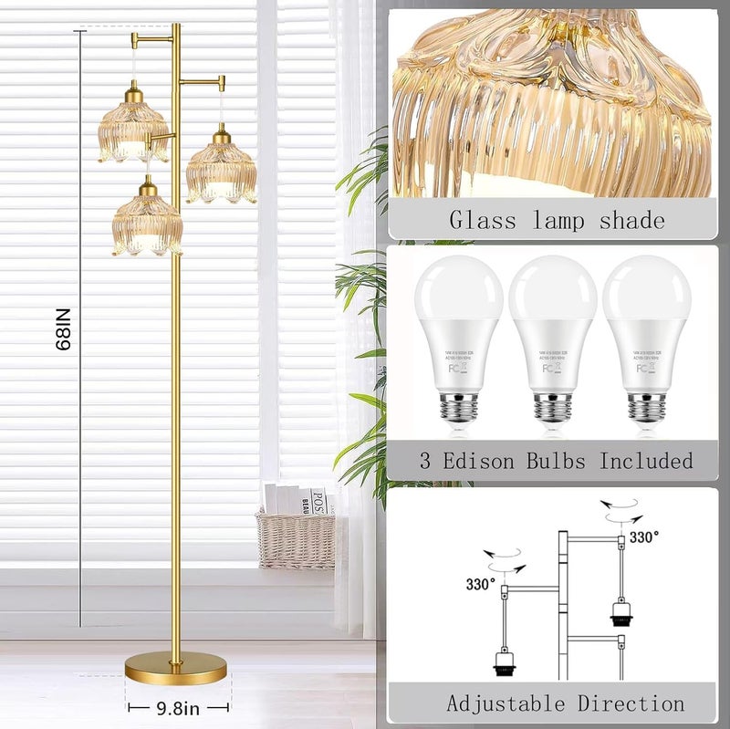 ILLMTW Gold Floor Lamp for Living Room,Bedroom,Mid Century Modern Standing Lamp Brass Tree 3 Light Tall Floor Lamps Vintage Retro Floor Lights Glass Amber Flower Lamp Shade Farmhouse Boho Bohemian - Image 5