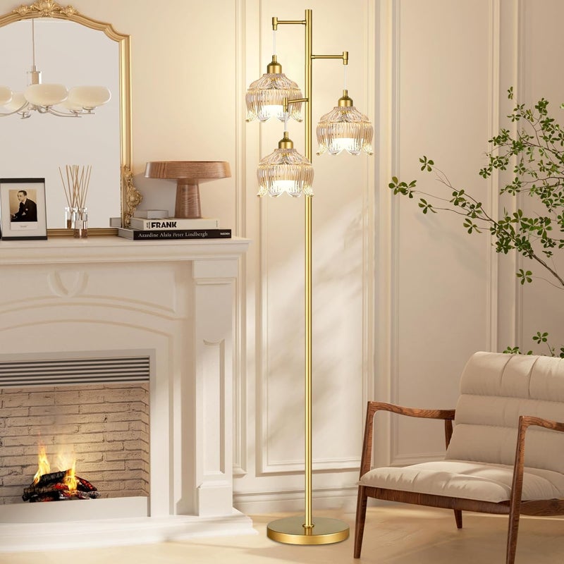 ILLMTW Gold Floor Lamp for Living Room,Bedroom,Mid Century Modern Standing Lamp Brass Tree 3 Light Tall Floor Lamps Vintage Retro Floor Lights Glass Amber Flower Lamp Shade Farmhouse Boho Bohemian - Image 3