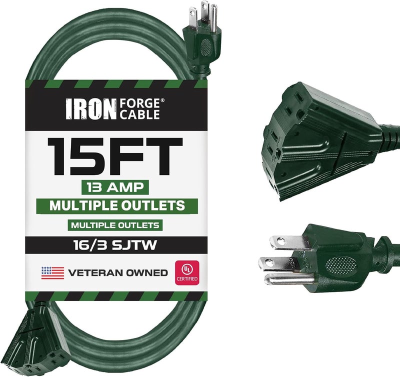 IRON FORGE CABLE 3 OutletOutdoor Extension Cord 15 ft, 16/3 Heavy Duty Green Extension Cord with Multiple Outlets 3 Prong, Weatherproof Exterior Power Cable Great for Outside, Outdoor Lights & Lawn - Image 1