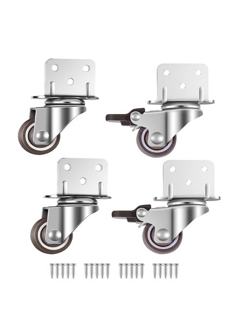 Swivel Casters, Pack of 4 No Floor Marks Silent Caster for Furniture, L-mounting Plate 25mm, Rubbered Wheels Suitable for Furniture, Flower Stands, Cribs (2 with Brakes & 2 Without Brakes)