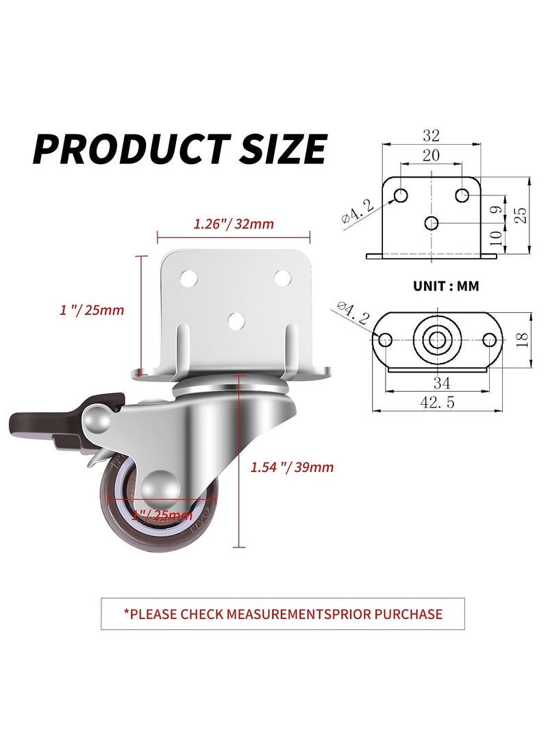 SYOSI - Swivel Casters, Pack of 4 No Floor Marks Silent Caster for Furniture, L-mounting Plate 25mm, Rubbered Wheels Suitable for Furniture, Flower Stands, Cribs (2 with Brakes & 2 Without Brakes) - Image 1