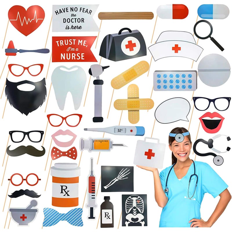 40 Pcs Professional Medical Photo Booth Props Kit for Adult Events Dental Office Celebrations Doctor Nurse Graduation HospitalThemed Photoshoot Accessories with Wooden Sticks