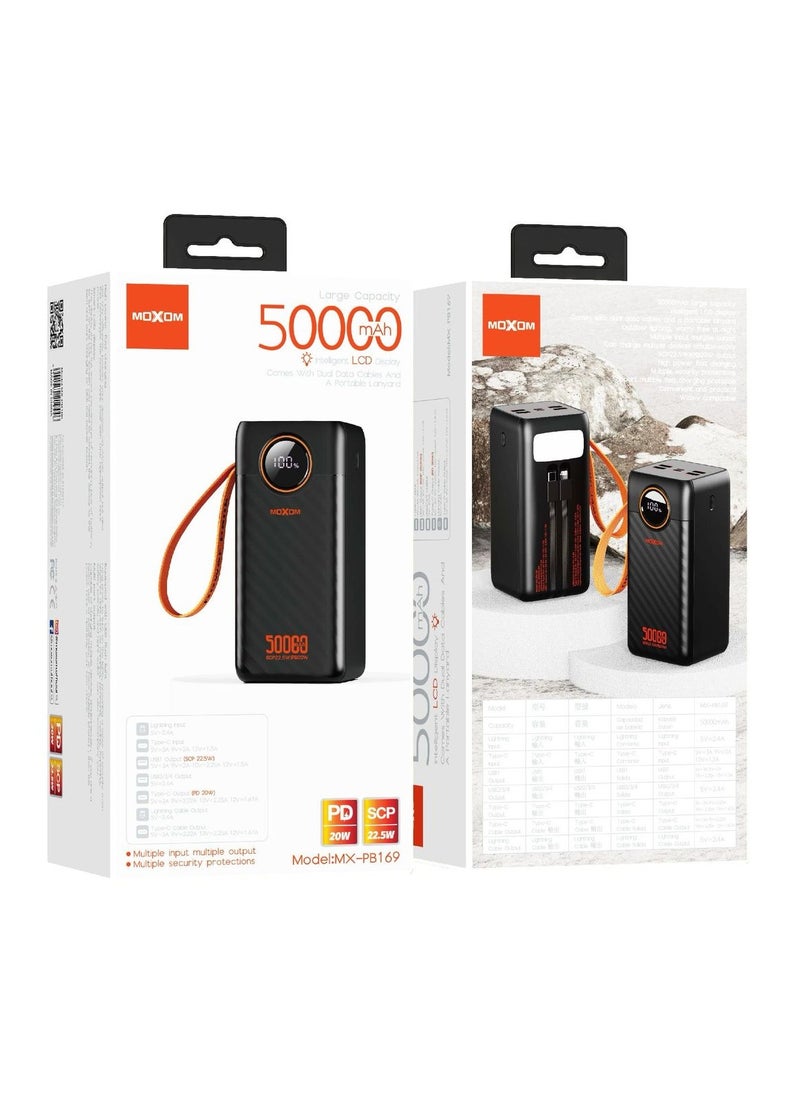 MOXOM - MX-PB169 50000 mAh Large Capacity Portable Power Bank With Multiple Input and Multiple Output PD 20W + SCP 22.5W With LCD Display Black - Image 1