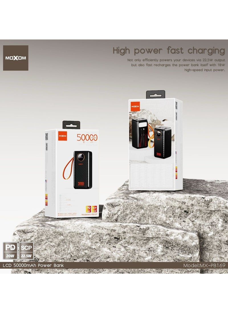 MOXOM - MX-PB169 50000 mAh Large Capacity Portable Power Bank With Multiple Input and Multiple Output PD 20W + SCP 22.5W With LCD Display Black - Image 1