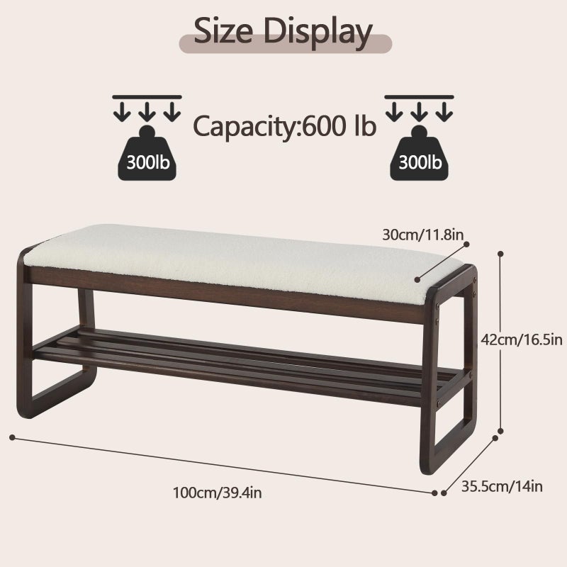 Achicsofar Shoe Rack Bench,2 Tier Solid Wooden Entryway Bench with Shoe Storage, Shoe Rack with Cushion for Living Room, Hallway(Cream White, 39.4") - Image 2
