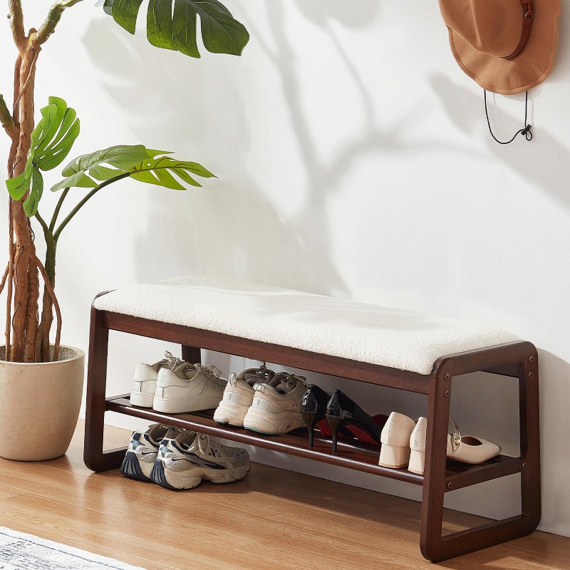 Achicsofar Shoe Rack Bench,2 Tier Solid Wooden Entryway Bench with Shoe Storage, Shoe Rack with Cushion for Living Room, Hallway(Cream White, 39.4") - Image 1