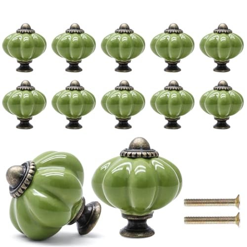 Cionyce 12 Pack Sage Green Pumpkin Knobs Ceramic Cabinet Knobs Retro Dresser Vintage Drawer Pulls for Vanity Closet - Image 1