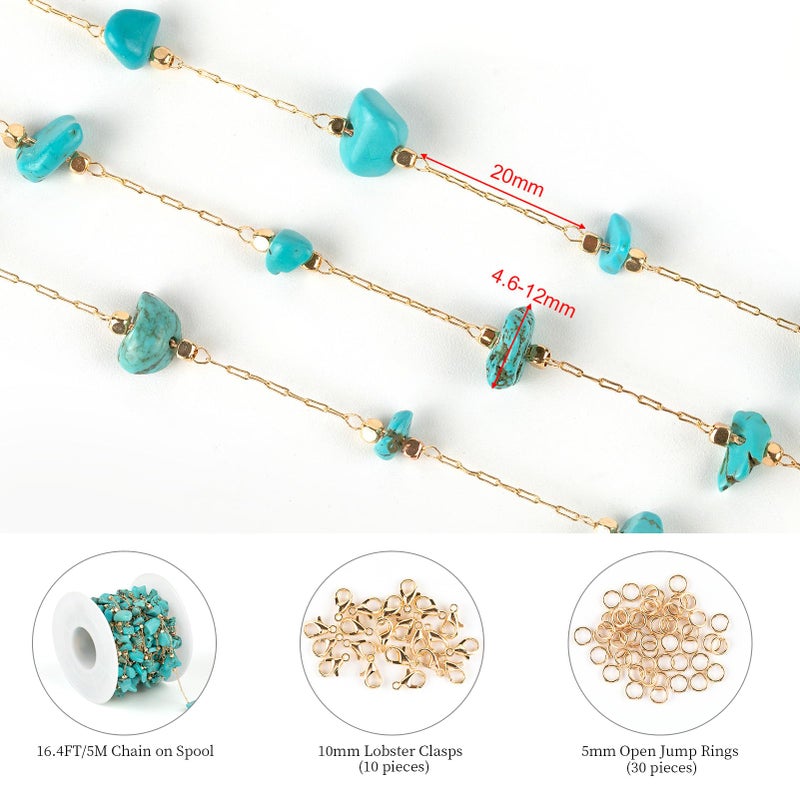 KYUNHOO 16.4 Feet/5M Gold Plated Chains for Jewelry Making Turquoise Blue Natural Stone Chain Spool Brass Necklace Jewelry Bulk for Bracelet Ankle Crafting Finding Supplies - Image 2