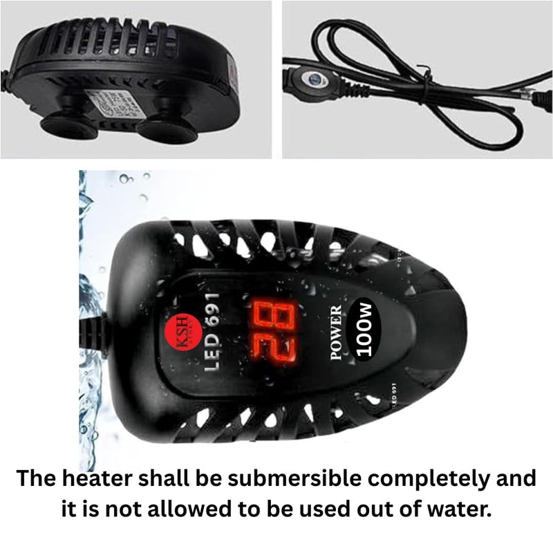 KSH STORE سخان حوض سمك رقمي LED، 100 واط، نطاق درجة الحرارة 16-35°C، مقياس حرارة مدمج، مناسب لأحواض السمك سعة 5-15 جالون - Image 3