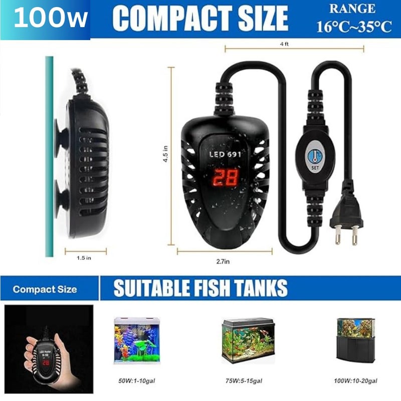 KSH STORE سخان حوض سمك رقمي LED، 100 واط، نطاق درجة الحرارة 16-35°C، مقياس حرارة مدمج، مناسب لأحواض السمك سعة 5-15 جالون - Image 2