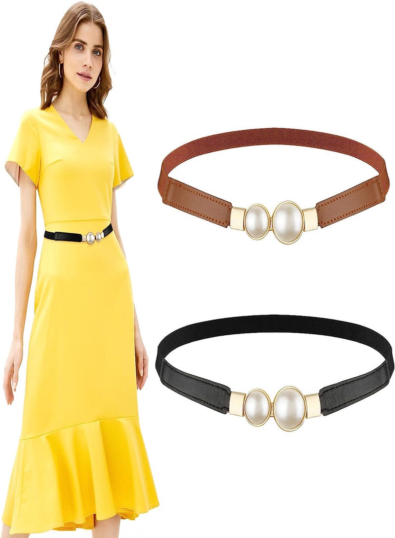 Women’s Stretchy Pearl Belt Set, Fashionable Elastic Waist Belts for Dresses, 2pcs Simple and Stylish Design, Creative Pearl Buckle Thin Belts - Image 1