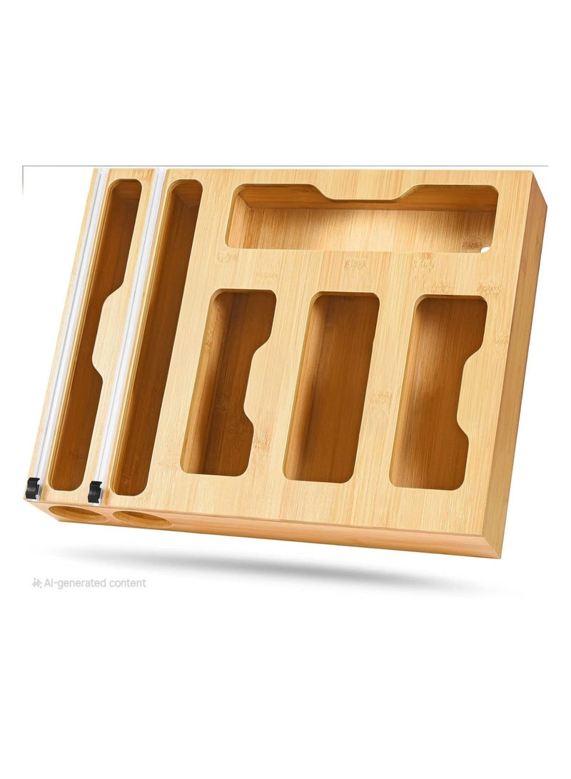 6 in 1 Foil and Plastic Bag Storage Organizer for Kitchen Drawer, Sandwich and Snack Bags from Bamboo - Image 1