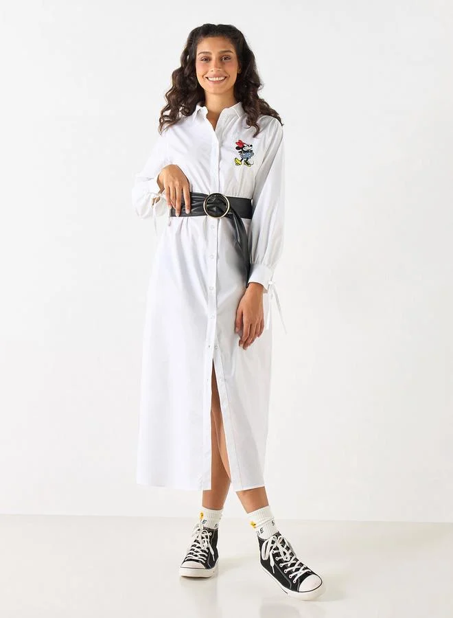 SP Characters Minnie Mouse Embroidered Slit Detail Shirt Dress with Long Sleeves and Cinched Waist