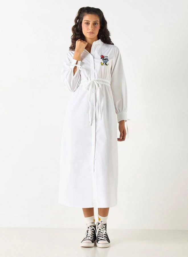 Minnie Mouse Embroidered Slit Detail Shirt Dress with Long Sleeves and Cinched Waist