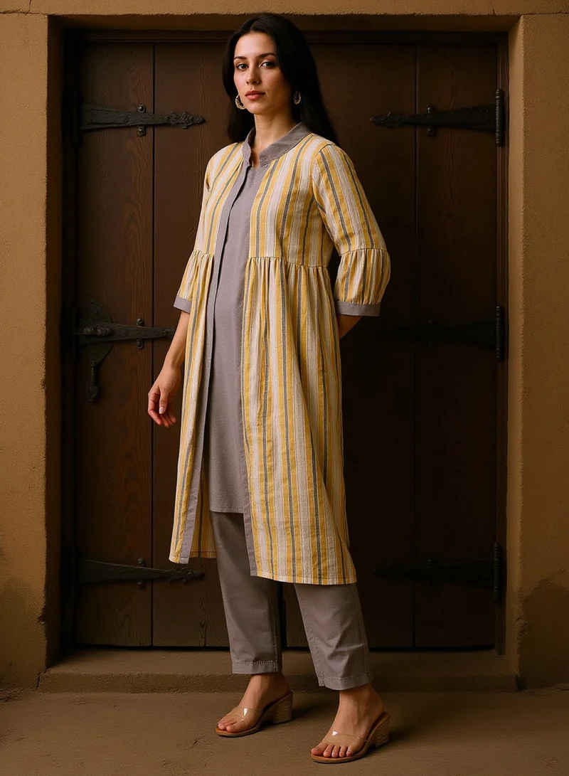 Qissa  Women's Coin Grey Contrast-Striped Kurta Set For Ethnic Wear | Round Neck, Quarter Cuffed Sleeves | Solid Plain Fabric | 2 Piece Kurta Set Designed For Casual & Daily Wear for Women | Best Price UAE