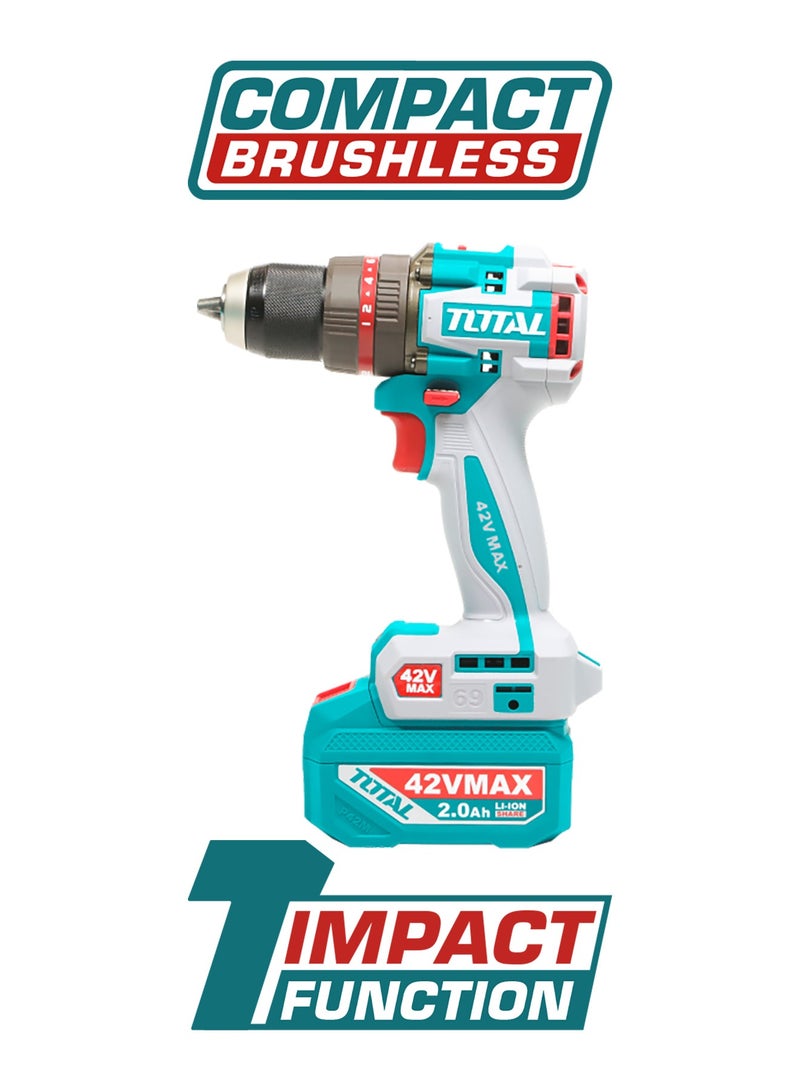 TOTAL 42V Compact Brushless Cordless Impact Drill (69Nm) - 13mm Metal Chuck, 22+1+1 Torque Settings & 30,000BPM - Includes 42V Battery, Charger & 50+ Accessories - TIDLI426981 - Image 4