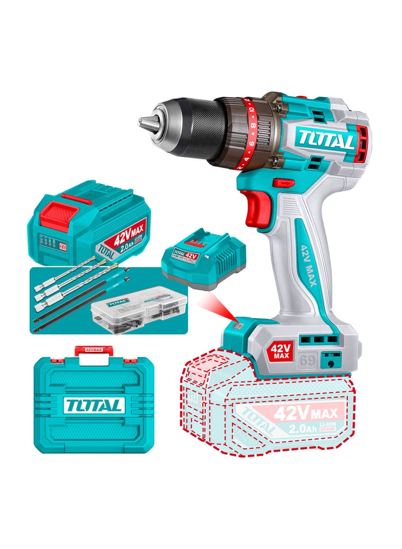 TOTAL 42V Compact Brushless Cordless Impact Drill (69Nm) - 13mm Metal Chuck, 22+1+1 Torque Settings & 30,000BPM - Includes 42V Battery, Charger & 50+ Accessories - TIDLI426981 - Image 1
