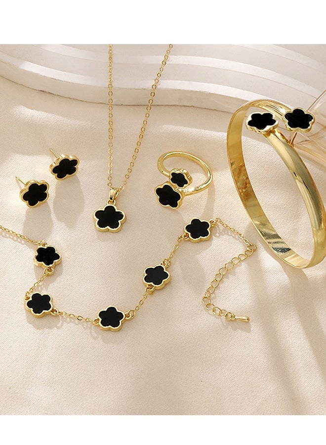Happy D Huge 6pcs Shiny Flower Lucky Jewelry Set with Shiny Earrings, Necklace, Bracelet and Ring for Women Trendy and Trendy Alloy Set, Perfect for Gift - Image 1