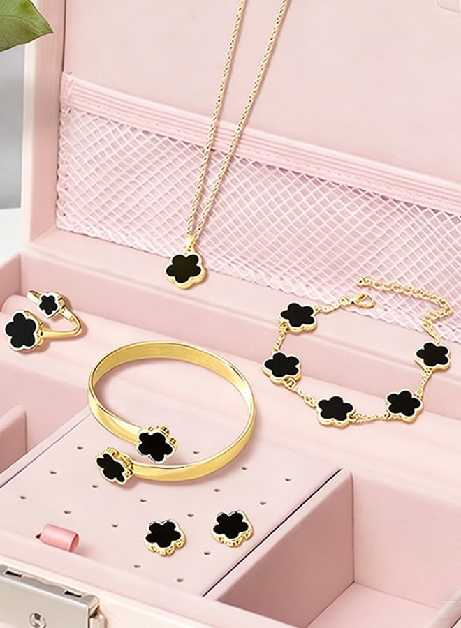 Happy D Huge 6pcs Shiny Flower Lucky Jewelry Set with Shiny Earrings, Necklace, Bracelet and Ring for Women Trendy and Trendy Alloy Set, Perfect for Gift - Image 4