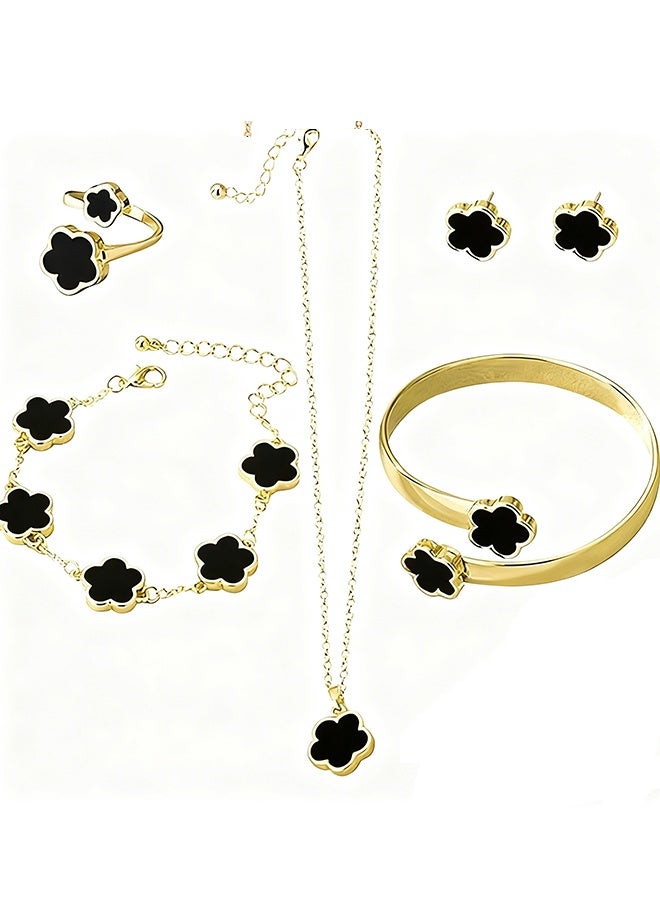 Happy D Huge 6pcs Shiny Flower Lucky Jewelry Set with Shiny Earrings, Necklace, Bracelet and Ring for Women Trendy and Trendy Alloy Set, Perfect for Gift - Image 5