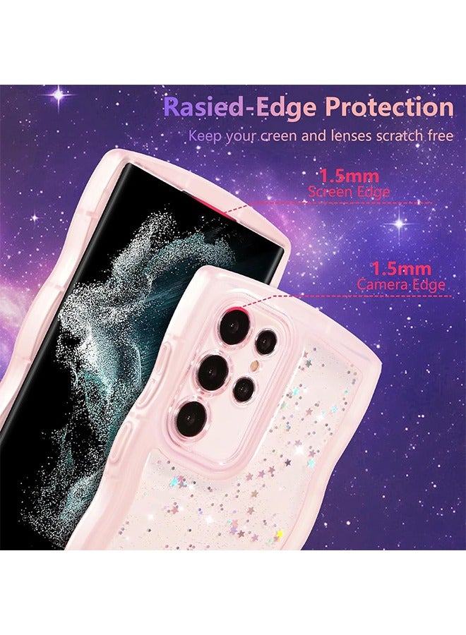 HY For Samsung Galaxy S23 Ultra 5G Case 6.8",Cute Curly Wave Case with Star Glitter,Clear Shiny Bling Soft TPU Shockproof Phone Protecive Case for Women Girls-Pink  - Image 2