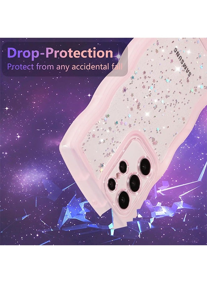 HY For Samsung Galaxy S23 Ultra 5G Case 6.8",Cute Curly Wave Case with Star Glitter,Clear Shiny Bling Soft TPU Shockproof Phone Protecive Case for Women Girls-Pink  - Image 4