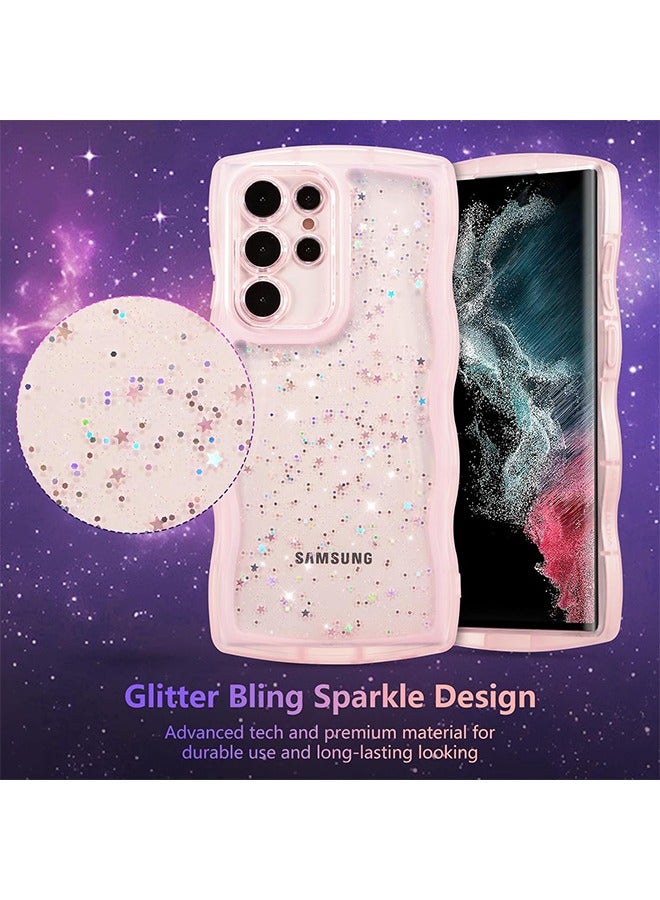 HY For Samsung Galaxy S23 Ultra 5G Case 6.8",Cute Curly Wave Case with Star Glitter,Clear Shiny Bling Soft TPU Shockproof Phone Protecive Case for Women Girls-Pink  - Image 3