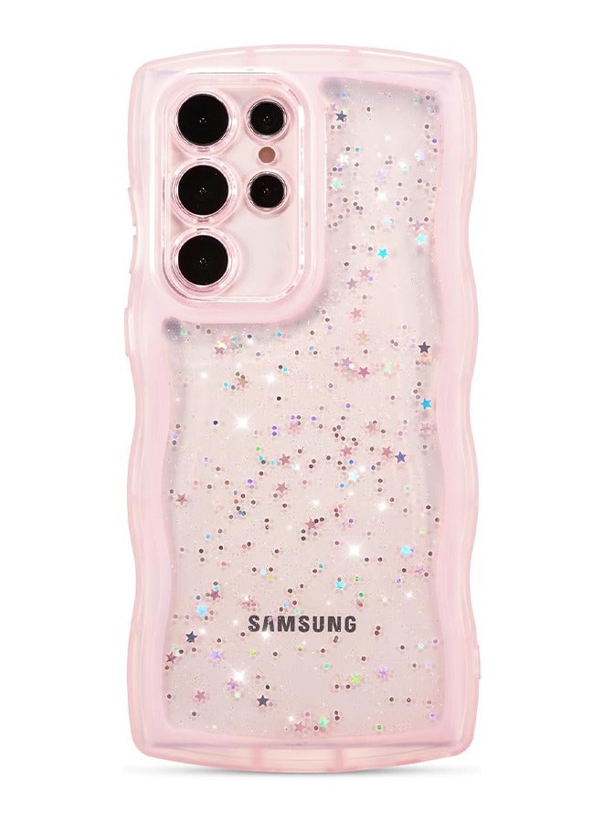 HY For Samsung Galaxy S23 Ultra 5G Case 6.8",Cute Curly Wave Case with Star Glitter,Clear Shiny Bling Soft TPU Shockproof Phone Protecive Case for Women Girls-Pink  - Image 1