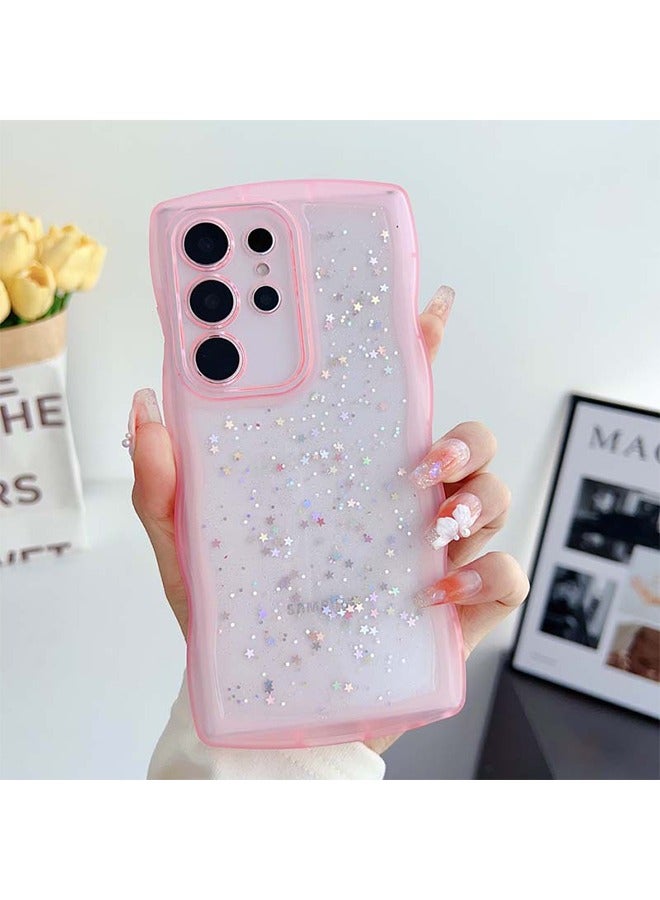 For Samsung Galaxy S23 Ultra 5G Case 6.8",Cute Curly Wave Case with Star Glitter,Clear Shiny Bling Soft TPU Shockproof Phone Protecive Case for Women Girls-Pink