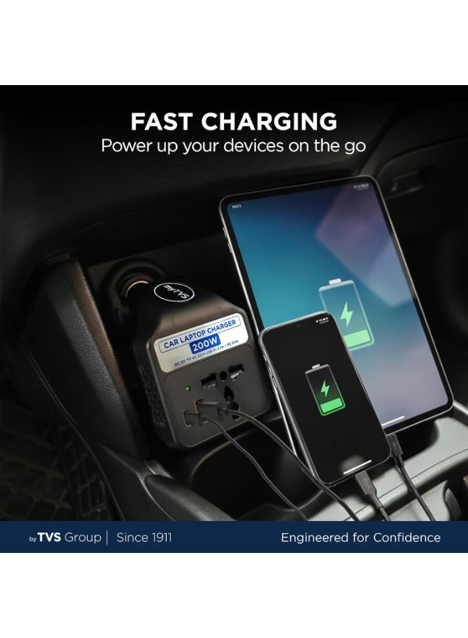 myTVS 200W Car Charger for Laptop & Mobile Charger | Portable Car Charger with USB-A 2.4A + 1 Type-C Port | 3 in 1 Fast Charging | Universal AC Socket - Image 5