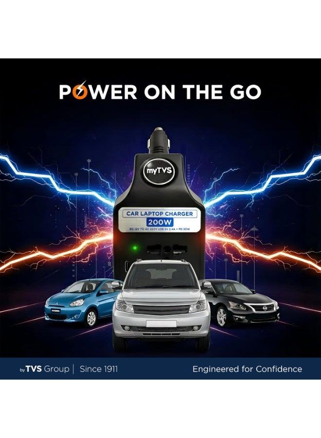 myTVS 200W Car Charger for Laptop & Mobile Charger | Portable Car Charger with USB-A 2.4A + 1 Type-C Port | 3 in 1 Fast Charging | Universal AC Socket - Image 3