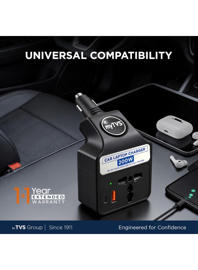 myTVS 200W Car Charger for Laptop & Mobile Charger | Portable Car Charger with USB-A 2.4A + 1 Type-C Port | 3 in 1 Fast Charging | Universal AC Socket - Image 1