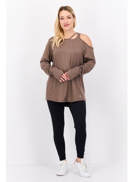 Tahari Sports Women Sportswear Fit Long Sleeve Plain Top, Brown  - Image 4