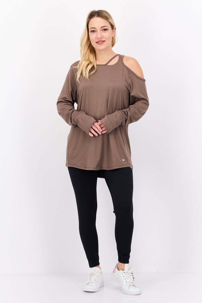 Tahari Sports Women Sportswear Fit Long Sleeve Plain Top, Brown  - Image 4