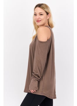 Tahari Sports Women Sportswear Fit Long Sleeve Plain Top, Brown  - Image 2