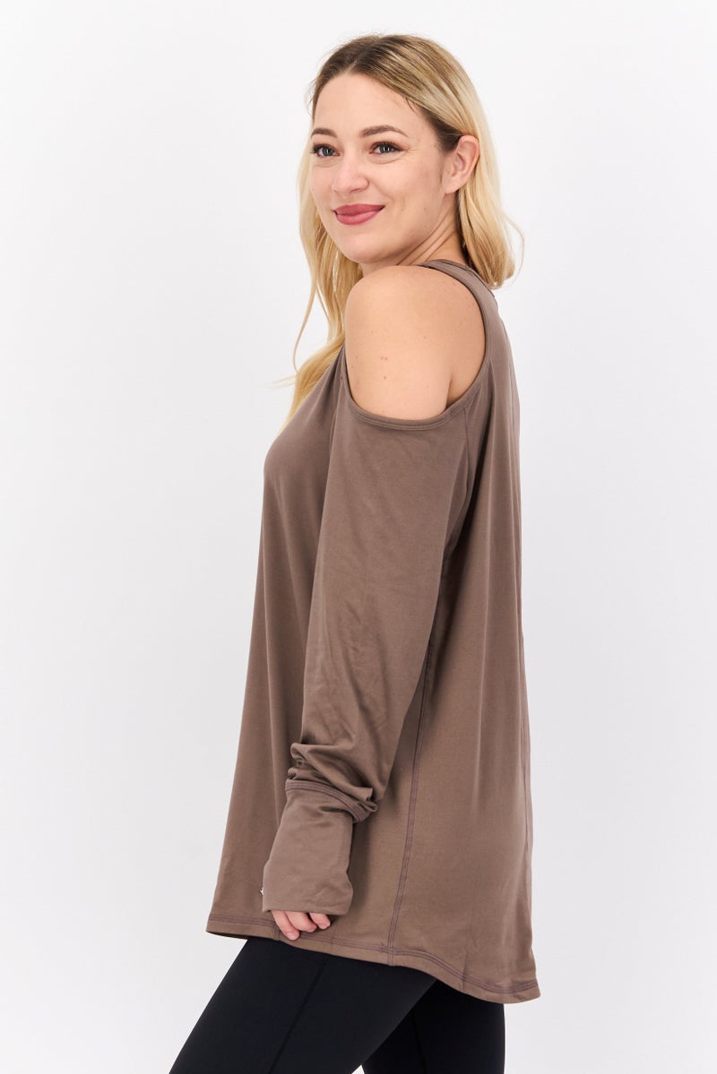 Tahari Sports Women Sportswear Fit Long Sleeve Plain Top, Brown  - Image 2