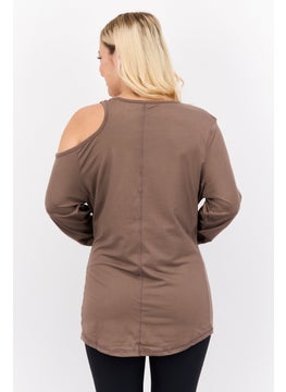Tahari Sports Women Sportswear Fit Long Sleeve Plain Top, Brown  - Image 3