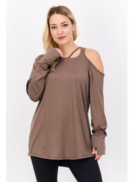 Tahari Sports Women Sportswear Fit Long Sleeve Plain Top, Brown  - Image 1