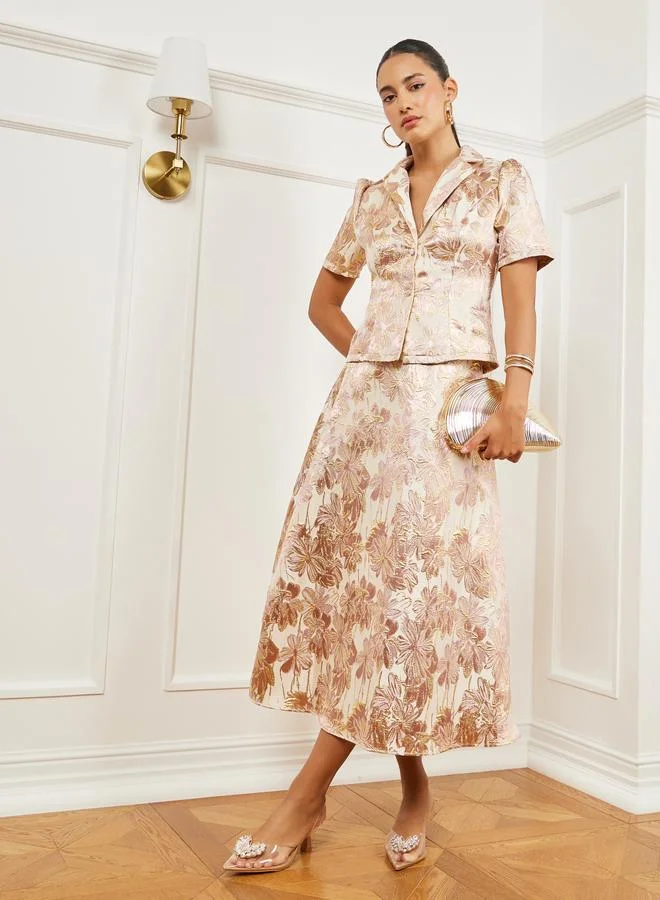 Gold Floral Jacquard Midi Skirt