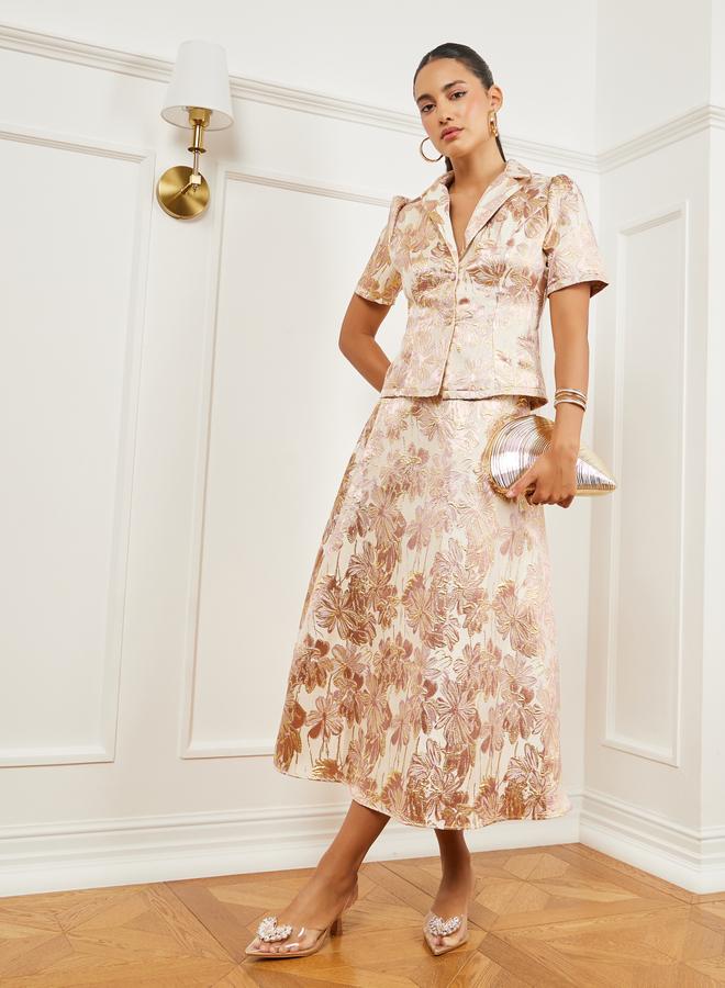 Styli Gold Floral Jacquard Midi Skirt - Image 1