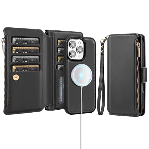 Antsturdy Compatible with Magsafe Magnetic 2 in 1 Detachable iPhone 16 Pro Max Wallet Case with Credit Card Holder SlotsPU Leather RFID Blocking Phone Cover Wrist Strap Zipper Women MenBlack - Image 1