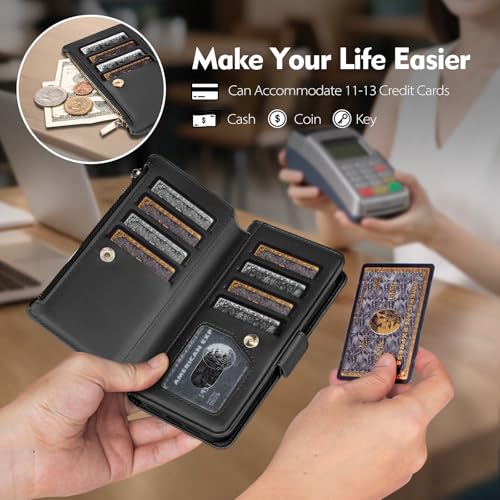 Antsturdy Compatible with Magsafe Magnetic 2 in 1 Detachable iPhone 16 Pro Max Wallet Case with Credit Card Holder SlotsPU Leather RFID Blocking Phone Cover Wrist Strap Zipper Women MenBlack - Image 3