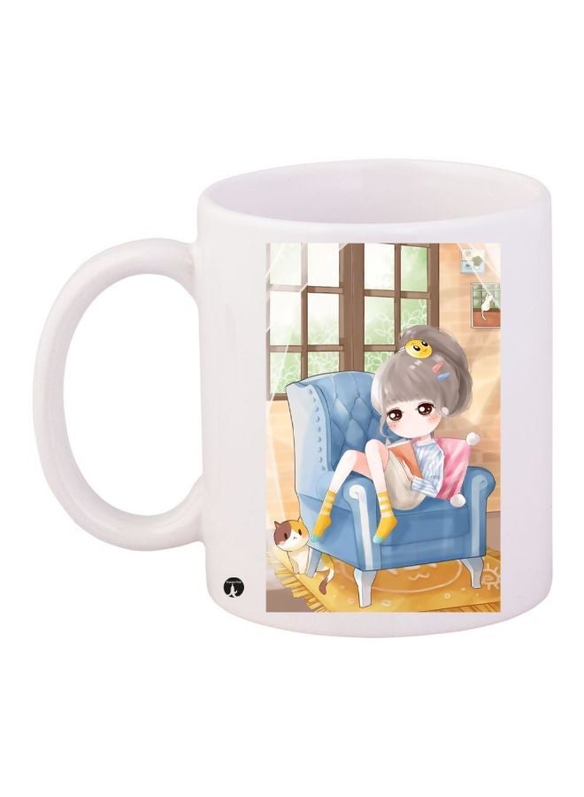 Anime Girl Printed Coffee Mug White/Blue/Brown 11ounce