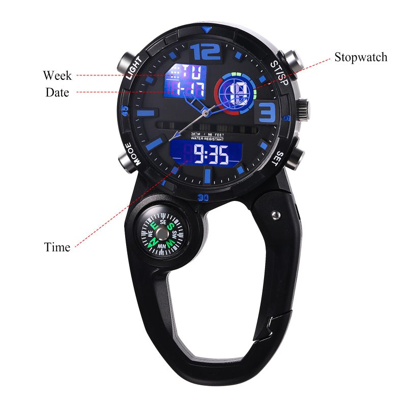 Lancardo Clip on Carabiner Watch: Multi-Function Backpack Watch for Men Women Analog Digital Date LED Alarm Sport Watch Hiking Climbing - Image 2