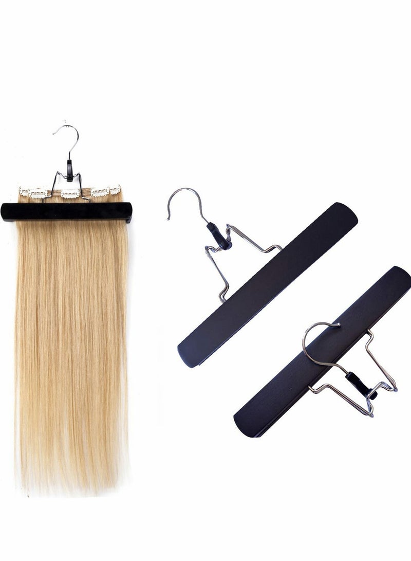 NIBEMINENT Hair Extensions Hanger, 2Pcs Portable Wigs Holder, Wooden Holder with Double Anti-slip Stickers for Clip in Bundles Black - Image 1